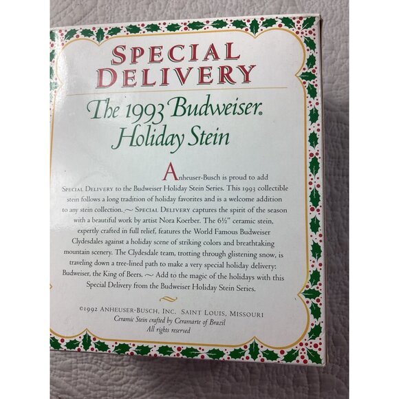 1993 Budweiser Holiday Stein Special Delivery Clydesdale Ceramic Beer Mug"NWB - Picture 4 of 7